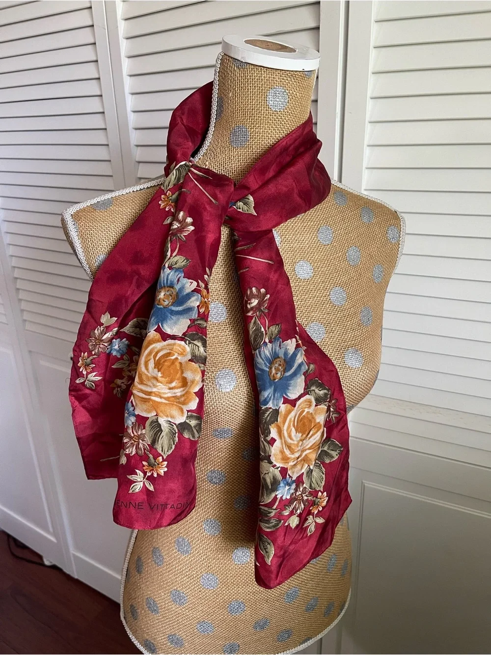 Vintage Adrienne Vittadini floral print silk scarf red yellow beautiful